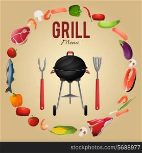 Bbq grill menu poster with food kebab fish vegetables fork vector illustration