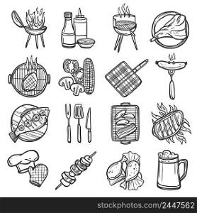Bbq grill sketch decorative icons set with meat sauces and kitchen equipment isolated vector illustration. Bbq Grill Icons Set