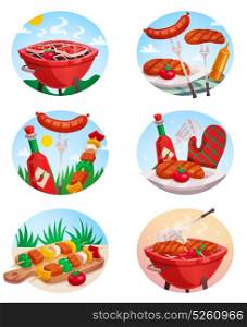 BBQ Grill Stickies Set. Outdoor barbecue set of isolated round compositions with bbq grill meat sauces and sky with clouds vector illustration