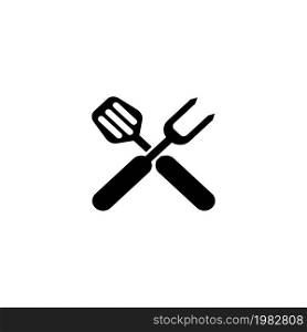 BBQ Grill Tools. Crossed Barbecue Fork with Spatula. Flat Vector Icon. Simple black symbol on white background. BBQ Grill Tools. Crossed Barbecue Fork with Spatula Flat Vector Icon