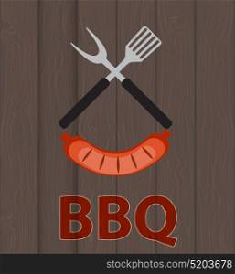 BBQ Icon with Grill Tools and Sausage on Wooden Background. Vector Illustration EPS10. BBQ Icon with Grill Tools and Sausage on Wooden Background. Vector Illustration