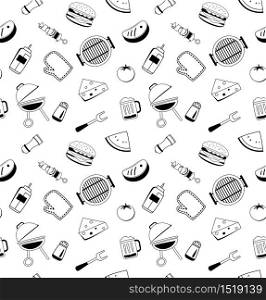 Bbq icons seamless pattern background. Barbecue set.