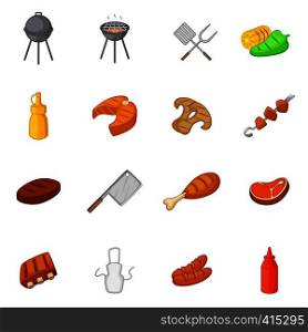 BBQ icons set. Cartoon illustration of 16 BBQ items and symbols vector icons for web. BBQ icons set, cartoon style