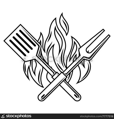 Bbq illustration with fire, spatula and fork. Stylized kitchen and restaurant menu items.. Bbq illustration with fire, spatula and fork. Stylized kitchen and restaurant items.