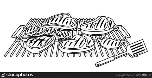 Bbq illustration with grill objects and icons. Stylized kitchen and restaurant menu items.. Bbq illustration with grill objects and icons. Stylized kitchen and restaurant items.