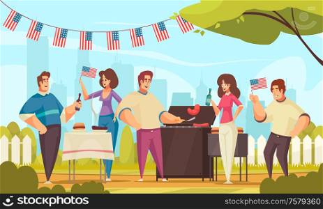 Bbq independence day america composition with outdoor landscape and group of friends having good time outdoors vector illustration