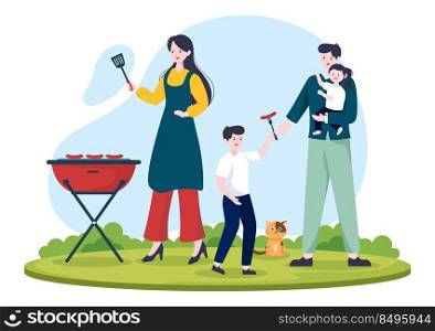 BBQ or Barbecue with Steaks on Grill, Toaster, Sausage, Chicken, Vegetables and People on Picnic or Party in the Park in Flat Cartoon Illustration