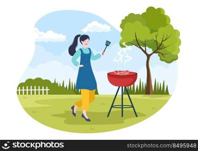 BBQ or Barbecue with Steaks on Grill, Toaster, Sausage, Chicken, Vegetables and People on Picnic or Party in the Park in Flat Cartoon Illustration