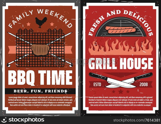 Bbq party and grill house restaurant vector design with barbecue grilled meat food. Beef steak and sausage cooking on charcoal grill frame grunge posters with crossed butcher knives and skewers. Bbq party and grill house restaurant posters