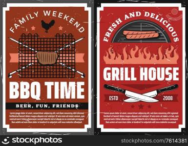Bbq party and grill house restaurant vector design with barbecue grilled meat food. Beef steak and sausage cooking on charcoal grill frame grunge posters with crossed butcher knives and skewers. Bbq party and grill house restaurant posters