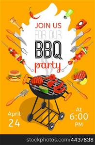 BBQ Party Announcement Flat Poster . BBQ season opening party announcement flat poster with barbecue accessories event date and time abstract vector illustration