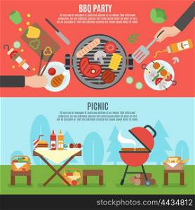 BBQ party banner set. BBQ party horizontal banner set with outdoor picnic elements isolated vector illustration