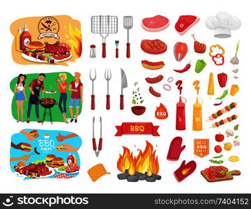 BBQ party barbecue and people with hamburger hot dog and sausage. Utensils cutlery and meat sausage skewer potholder mittens and vegetables vector. BBQ Party Barbecue and People Vector Illustration