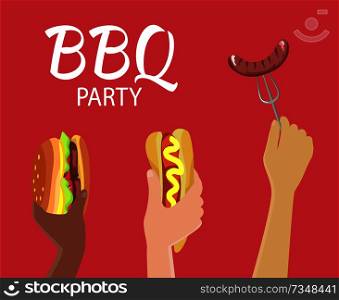 BBQ party color banner isolated on red background, human hands with barbecue food, fried sausage on fork, big burger and tasty hot-dog with mustard stripe. BBQ Party Color Banner Isolated on Red Background