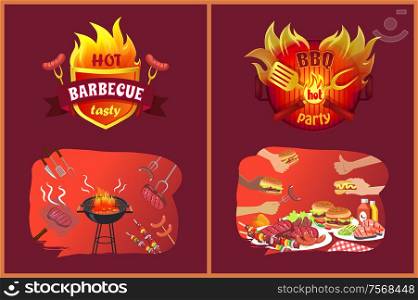 Bbq party emblems in flame, food on grill. Fried meat with fish, burgers and hot dog in hands. Roasted products or vegetables vector illustrations.. Bbq Party Emblems in Flame and Food on Grill Set
