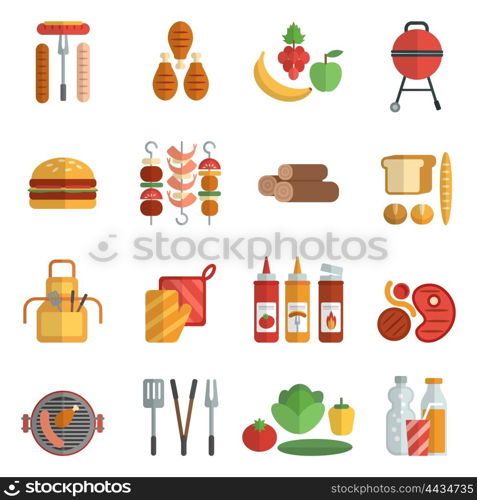 Bbq party flat icons set. Bbq party flat icons set with frill meat picnic elements isolated vector illustration