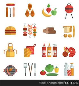 Bbq party flat icons set. Bbq party flat icons set with frill meat picnic elements isolated vector illustration