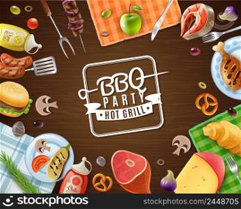 Bbq party frame with emblem meat vegetables fruits sauces pastry and napkins on wooden background vector illustration. BBQ Party Frame