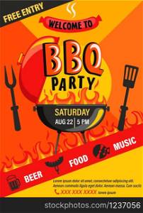 BBQ party invitation flyer.Summer Barbecue weekend cookout event with beer,food,music.Design template for menu,poster, banner, announcement on geometric background.Cooking outdoor.Vector illustration.. BBQ party invitation flyer.