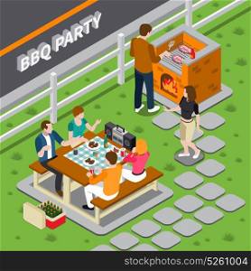 BBQ Party Isometric Composition. Bbq party isometric composition with cooking on grill, people at table with foods, dancing woman vector illustration