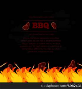 BBQ party poster design with fire and meat. Barbecue design banner. Vector illustration. BBQ party poster design with fire and meat