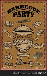 Bbq party poster with hand drawn design elements. Barbeque and grill. for card, banner, flyer. Vector illustration