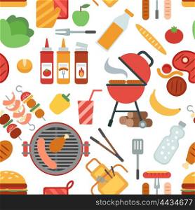 BBQ party seamless. BBQ party seamless pattern with grill meat and vegetables flat vector illustration