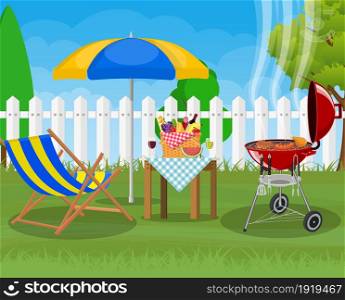Bbq party. Sun lounger, grill with barbecue and umbrella. Cooking steak, meat and sausages, grilling bbq. Vector illustration flat style. Bbq party. Sun lounger,