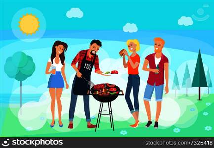 BBQ party time, summer meadow, friends meeting, vector illustration, happy friends eating barbecue dishes, sunny day, bright sky, roast meat dishes. BBQ Party Time, Summer Meadow, Friends Meeting