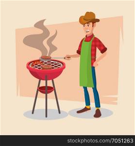 BBQ Party Vector. Barbecue Tools, Grill, Forks With Happy Man. Flat Cartoon Illustration. BBQ Cooking Vector. Classic American Smiling Man Barbecuing. Isolated On White Cartoon Character Illustration