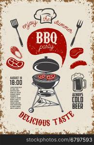 BBQ party vintage flyer on grunge background. Grill with kitchen tools, steaks, sausage. Design elements for restaurant menu, poster. Vector illustration.