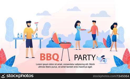 BBQ Party with Friends Motivational Flat Banner. Cartoon People Spending Time Together. Picnic in Nature. Vector Table with Food and Drinks, Grill with Meat. Happy Summer Barbeque Illustration. BBQ Party with Friends Motivational Flat Banner