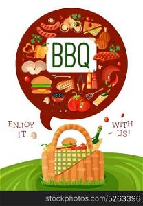BBQ Picnic Flat Invitation Poster . BBQ picnic invitation flat poster with barbecue accessories icons and basket on fresh green lawn vector illustration