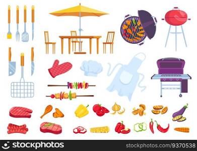 Bbq picnic food. Barbecue cooking steak, meat, fish and chicken. Cook apron, spatula, fork and knife. Cartoon summer grill party vector set. Outdoor table with chairs and big umbrella. Bbq picnic food. Barbecue cooking steak, meat, fish and chicken. Cook apron, spatula, fork and knife. Cartoon summer grill party vector set