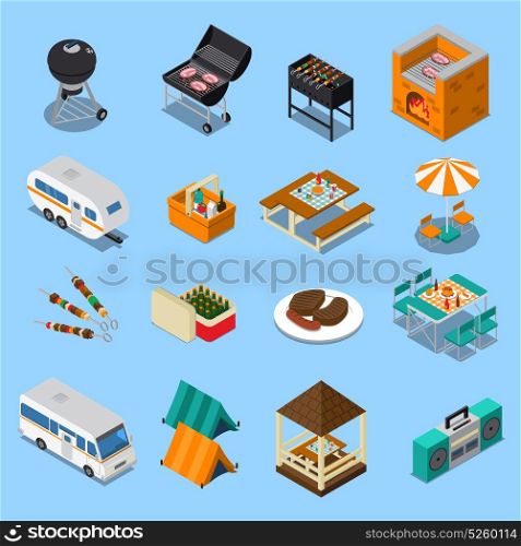 BBQ Picnic Isometric Set. Bbq picnic isometric set with food, grill equipment, tents, camper, music on blue background isolated vector illustration