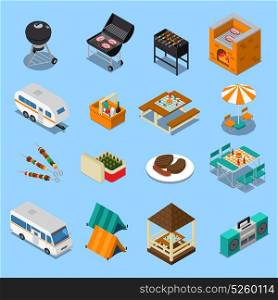 BBQ Picnic Isometric Set. Bbq picnic isometric set with food, grill equipment, tents, camper, music on blue background isolated vector illustration