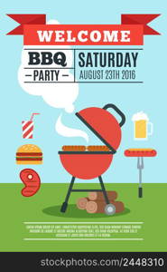 BBQ poster with grill and cooked food flat vector illustration. BBQ poster illustration