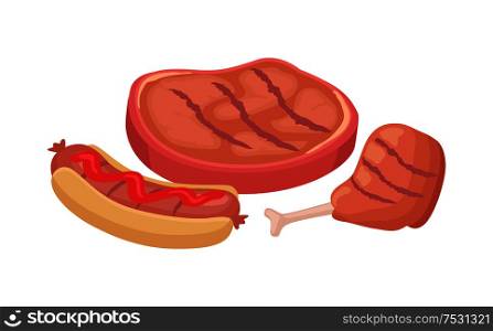 BBQ roasted beefsteak and chicken wing. Hot dog fast food with bun sausage and ketchup sauce on top. Picnic braai barbeque isolated icons set vector. BBQ Beefsteak and Chicken Vector Illustration
