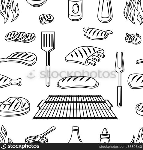 Bbq seamless pattern with grill objects and icons. Stylized kitchen and restaurant menu items.. Bbq seamless pattern with grill objects and icons. Stylized kitchen and restaurant items.