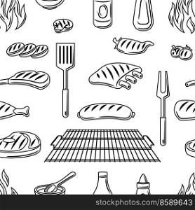 Bbq seamless pattern with grill objects and icons. Stylized kitchen and restaurant menu items.. Bbq seamless pattern with grill objects and icons. Stylized kitchen and restaurant items.