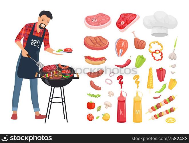 BBQ serving man and isolated icons set vector. Grille grid with roasting meat, beef and pork skewers. Vegetables and sauces, chef hat and brochettes. BBQ Serving Man and Icons Set Vector Illustration