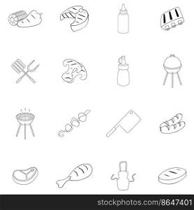 BBQ set icons in outline style isolated on white background. BBQ icon set outline