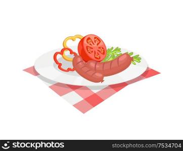 BBQ set, sausage for barbecue on plate, cartoon isolated vector icon. Grilled frankfurter with sliced tomato, pepper and herbs in dish on tablecloth. BBQ Set, Sausage for Barbecue on Plate Vector Icon