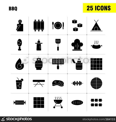 Bbq Solid Glyph Icon Pack For Designers And Developers. Icons Of Barbecue, Bbq, Food, Sausage, Glass, Drink, Bbq, Lemon, Vector