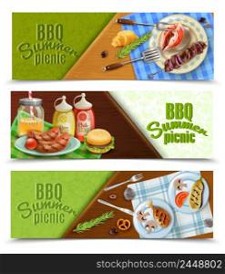 Bbq summer picnic horizontal banners set with grilled meat and fish, sauces, tableware, napkin, isolated vector illustration. BBQ Summer Picnic Banners Set