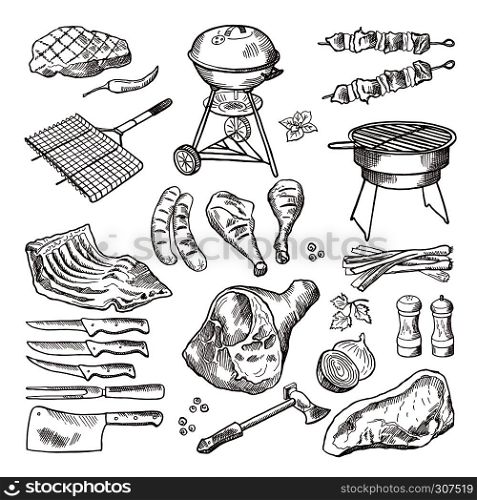 Bbq vector hand drawn illustration set. Grilled meat and other accessories for barbecue party. Grill meat for bbq, barbecue sausage picnic drawing. Bbq vector hand drawn illustration set. Grilled meat and other accessories for barbecue party
