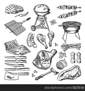 Bbq vector hand drawn illustration set. Grilled meat and other accessories for barbecue party. Grill meat for bbq, barbecue sausage picnic drawing. Bbq vector hand drawn illustration set. Grilled meat and other accessories for barbecue party