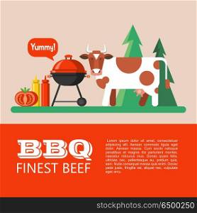 BBQ. Vector illustration.. Barbecue, picnic in nature. Cute cow on the background of the forest. Finest beef. Vector illustration with space for text.