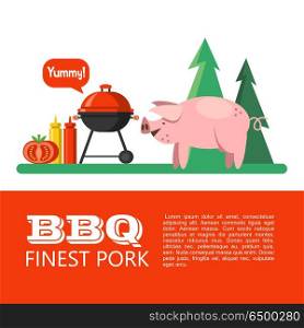 BBQ. Vector illustration.. Barbecue, picnic in nature. Cute pig in the background of the forest. Finest pork. Vector illustration with space for text.