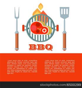 BBQ. Vector illustration.. Barbecue, vector illustration with space for text. Delicious grilled steak, fork and spatula.